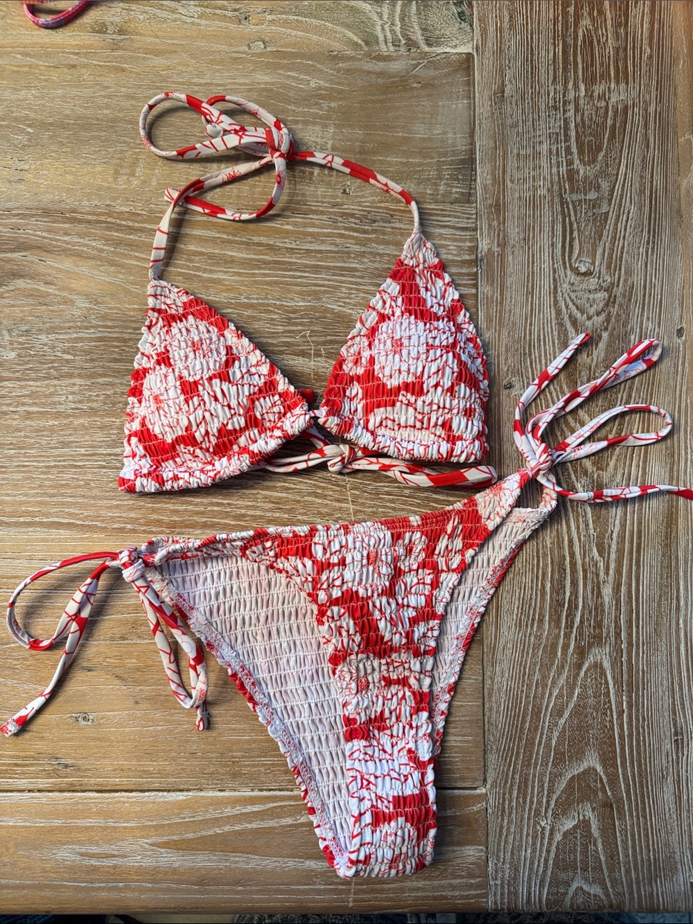Red and white seersucker bikini.